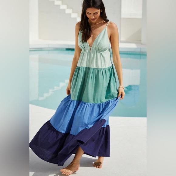 By Anthropologie Dresses & Skirts - Colorblock Tiered Maxi Dress in Mint, Teal, Sky Blue & Navy S